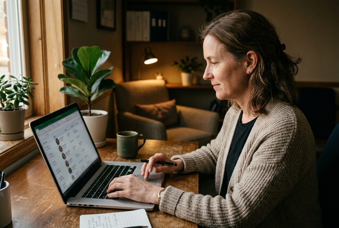 A practice owner going through her list of customers on a laptop