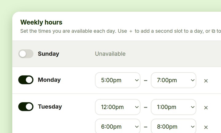 Refzy's weekly hours screen, where a reference sets when they can take calls