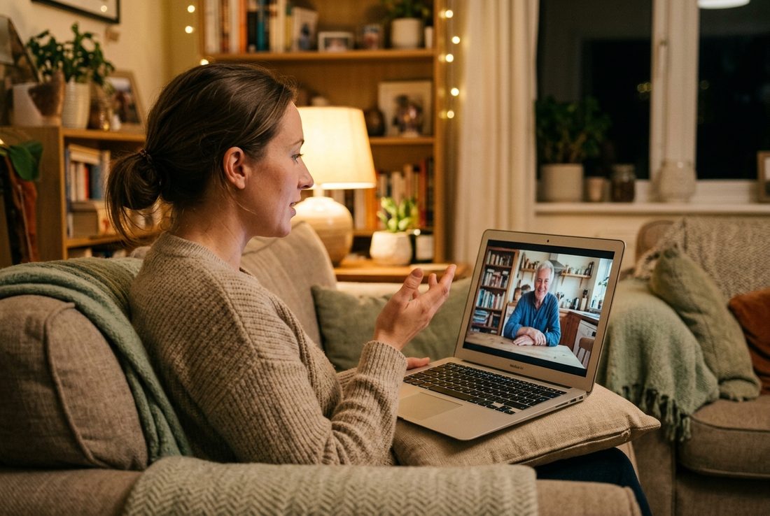 A woman at home on a video call with a past client